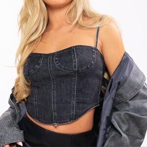 PLT Denim black wash strappy cup detail corset crop top Size 8 NWT